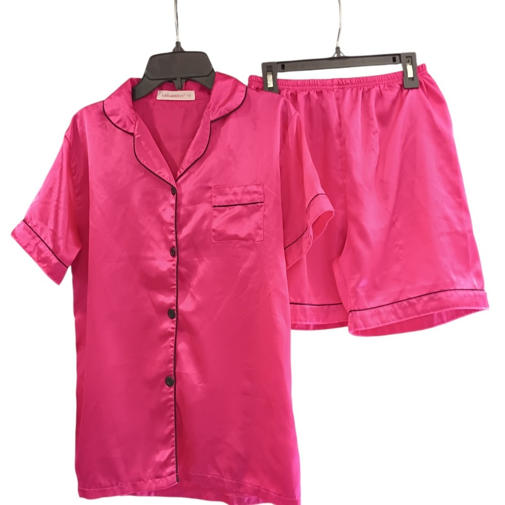 UNICABBIT21 Hot Pink Satin Pajama Set for Big Girls Cute Size 16 Youth‎ EUC